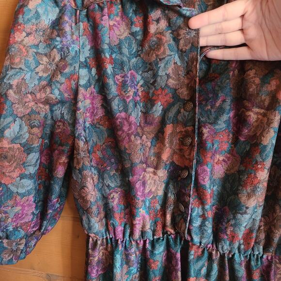 Vintage 80's Floral Fit Flare Midi Tapestry Jewel Tone Collared 70s 80s Flower - Picture 5 of 6
